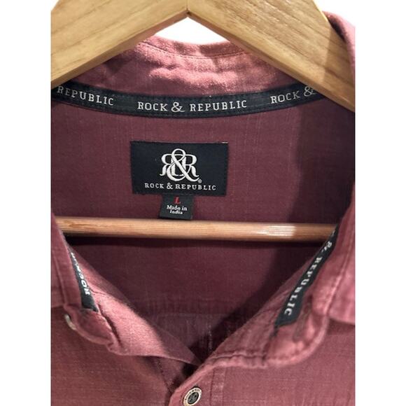 ROCK & REPUBLIC Maroon Button Up Shirt Short Sleeve Cotton Flap Pockets LARGE - Picture 4 of 10